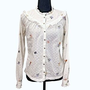 Swiss Dot High Neck Prairie Button Top 4 Floral Emboidered Edwardian Cottage